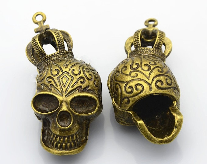 2pc 50x24mm 3D antique bronze  finish metal skull pendants-7954O