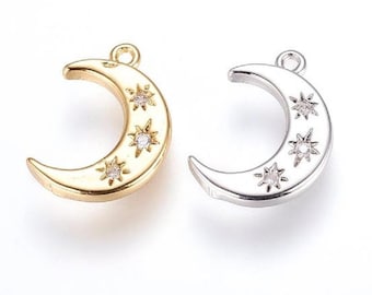 5pc 16x10mm Brass Moon Charms, with Cubic Zirconia-pls pick a color