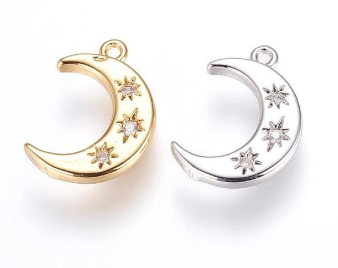 5pc 16x10mm Brass Moon Charms, with Cubic Zirconia-pls pick a color