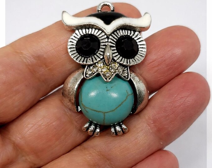 2pcs Owl Pendant Charms, Antique Silver Tone Owl with Turquoise Style , 40x24mm