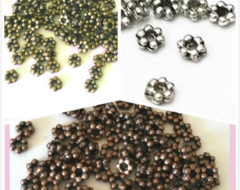 100pcs 3mm Daisy Spacer Beads - Antique Finish Metal Beads for Jewelry Making - Choose Your Color (Bronze, Copper, Silver)