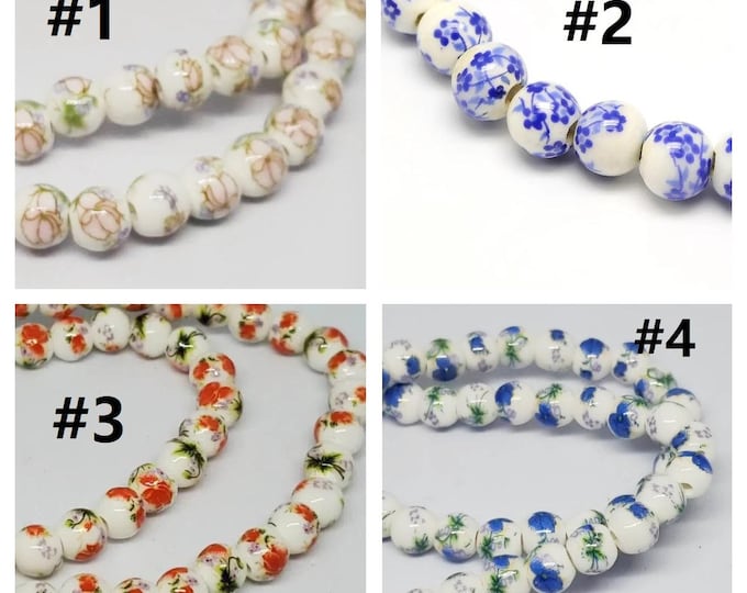 50pc 6mm Round Handmade Flower Printed Porcelain/Ceramic Beads-pls pick a color