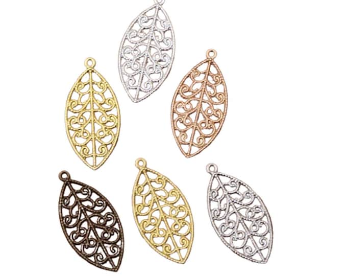 10pc 25x13mm Metal Brass Filigree Leaf Charms for Jewelry Making -pls select your own color