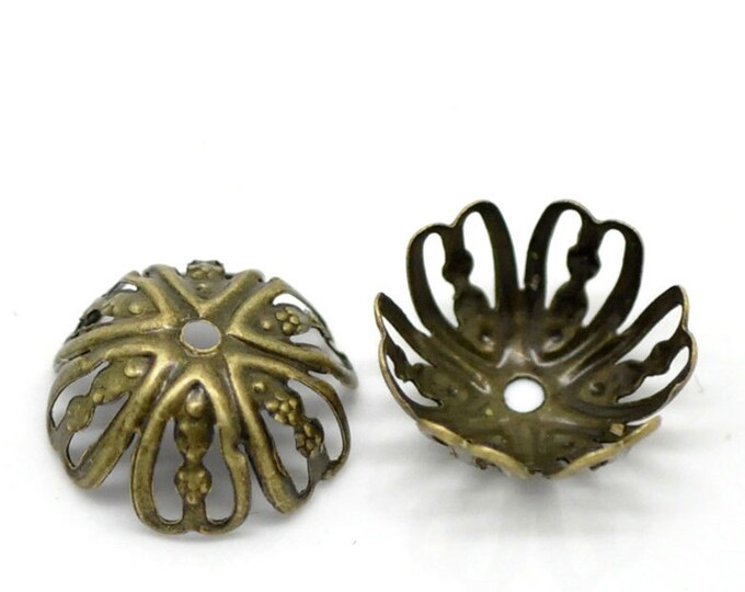 24pc 13mm antique bronze filigree bead cap-7507