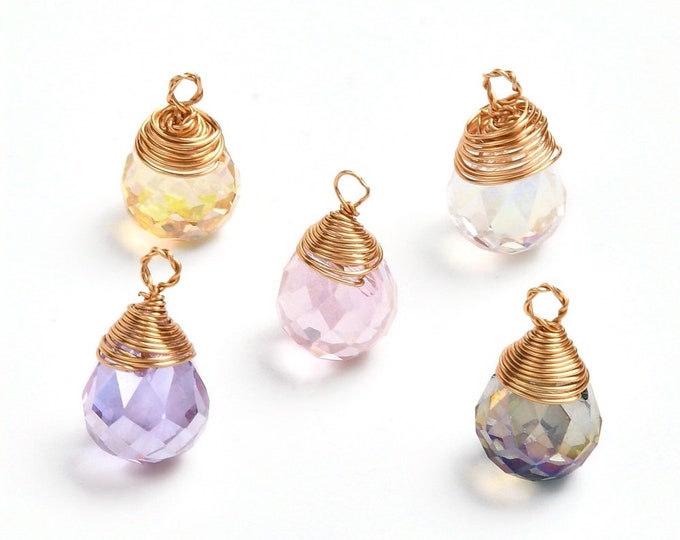 6pcs(3 pairs) Mixed Teardrop Shape Transparent Glass Pendants, with Gold Copper Wire Wrapped Pendants -r1006