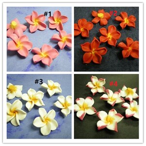 May include: Assortment of six artificial plumeria flowers in four different colors: pink, red, white, and white with pink edges. The flowers are labeled #1, #2, #3, and #4.