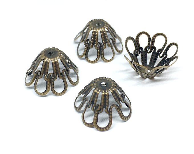 30 pc 15x8mm antique bronze filigree flower bead caps-7594