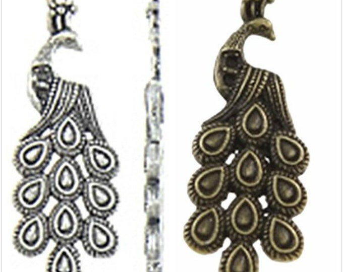 8pc 38x15mm antique  finish metal peacock pendants-pls pick a color