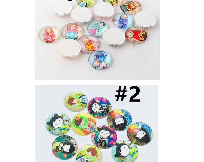 10pc 12mm round shape  doll theme mix pattern glass cabochons -pls pick a pattern