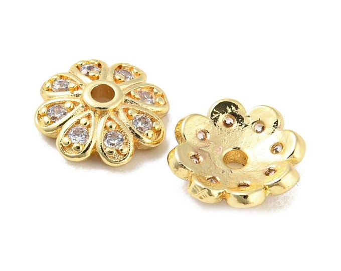 4pc 8mm Micro Pave Cubic Zirconia rhinestone bead caps gold finish