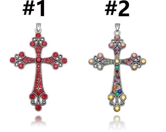 1pc 73x50mm metal cross with rhinestone pendant red-