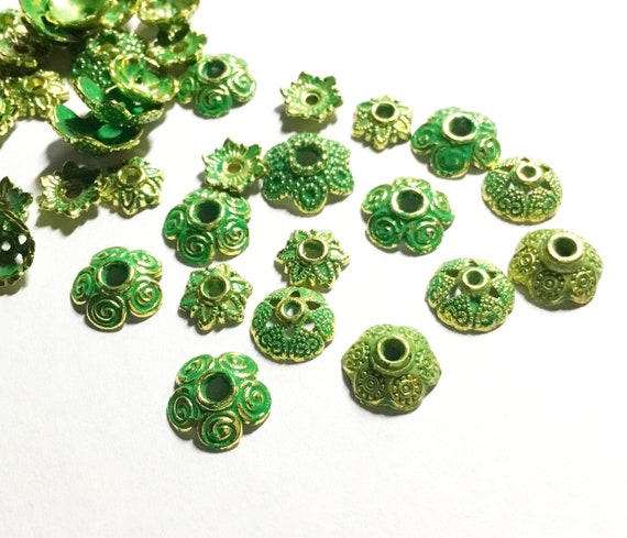 50pcs mix size and pattern metal bead caps with green finish-TIN178