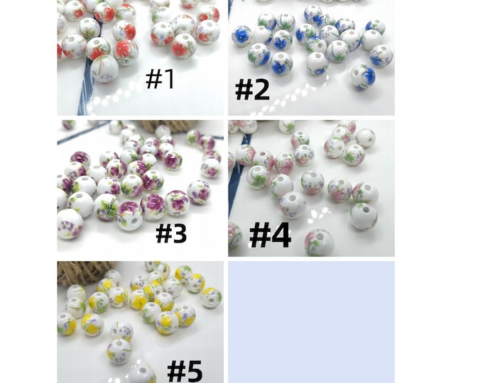 50pc 6mm Round Handmade Flower Printed Porcelain/Ceramic Beads-pls pick a color