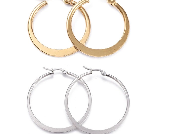 2 pairs  stainless steel flat ring shape earring hoops, Flat Ring Shape--Pls pick a color and size