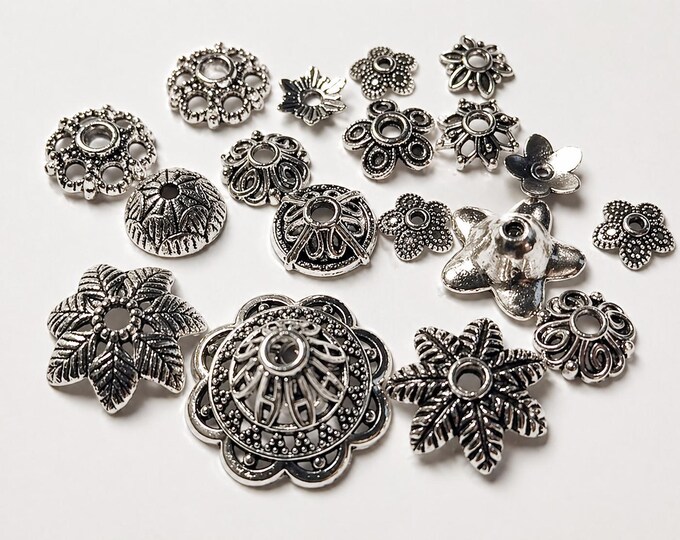 100pcs Antique Silver Bead Caps Mix Lot – Random Styles, Alloy Metal Bead Caps for Jewelry Making, Spacer Caps Assorted Shapes