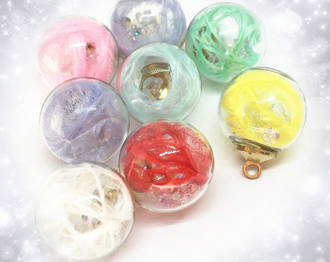 6pc 20X16mm Mix Color(in  pairs) Glass Globe Pendants with feathers and rhinestones-FJ201