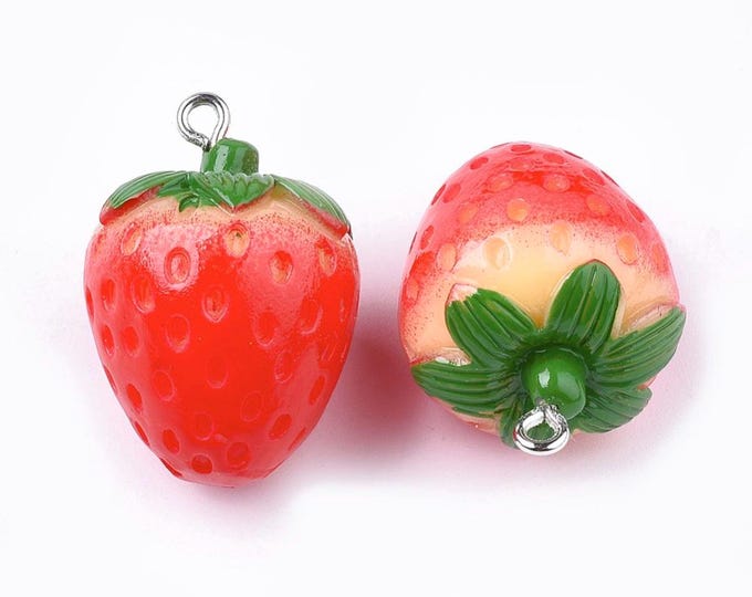 10PC  Resin Pendants, with Platinum Plated Iron Findings, Imitation Food, Strawberry