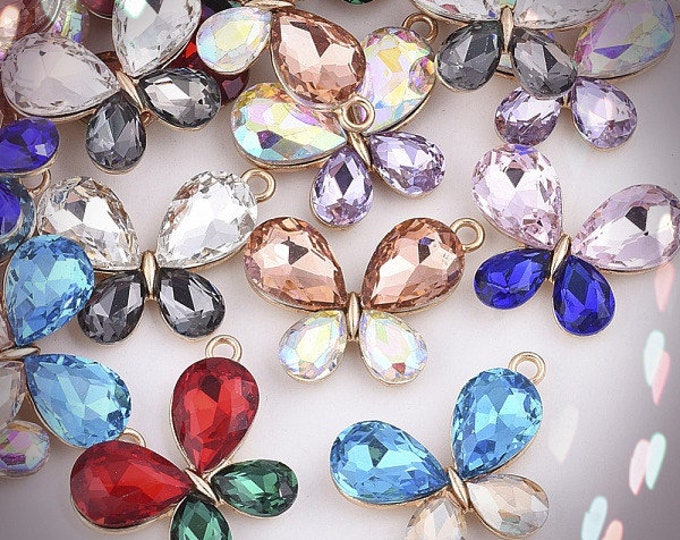 4pcs 28.5x21mm metal alloy with Rhinestone mix color butterfly pendants-LV88F