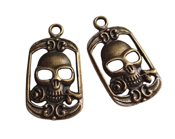 Antique Bronze Skull Charms with Rose – 40x22mm Gothic Pendant, Skeleton Tag Charm for Jewelry Making, Steampunk Halloween Supplies (4pcs)