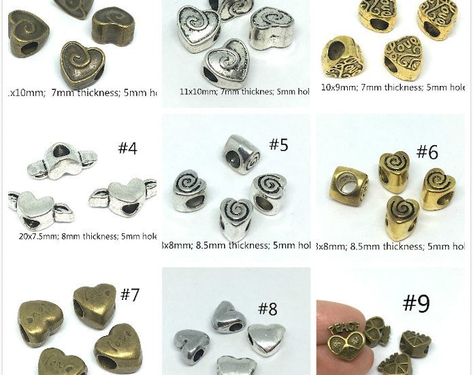6pc European style big hole metal heart shape beads-pls pick a style