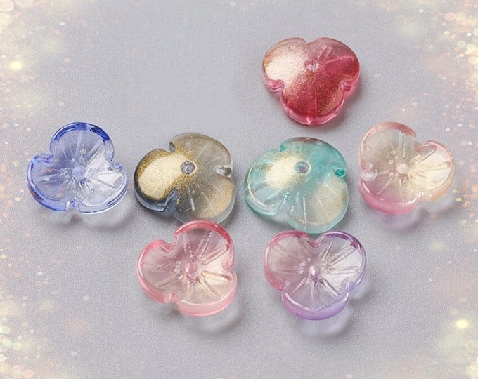 10pc (5 pairs) mix color glass made flower bead caps with glitter powder 12mm wide