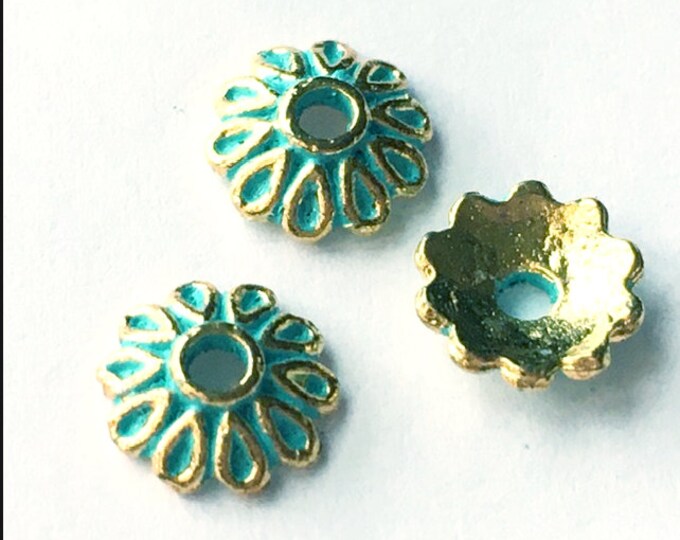 12pc 8mm metal gold bead caps with aqua blue FINISH -R753