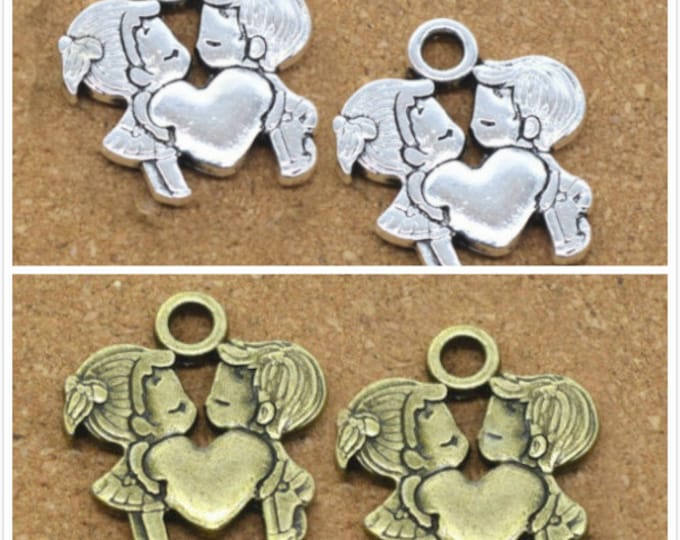 4pc 22x21mm bronze tone couple with heart metal pendants-BAK326