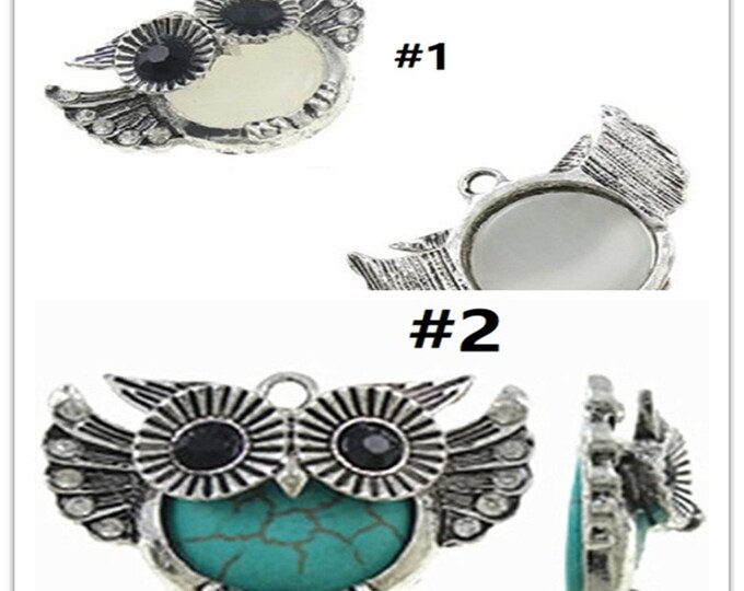2pc 33x24mm antique silver finish metal owl with  stone pendant-pls pick a color