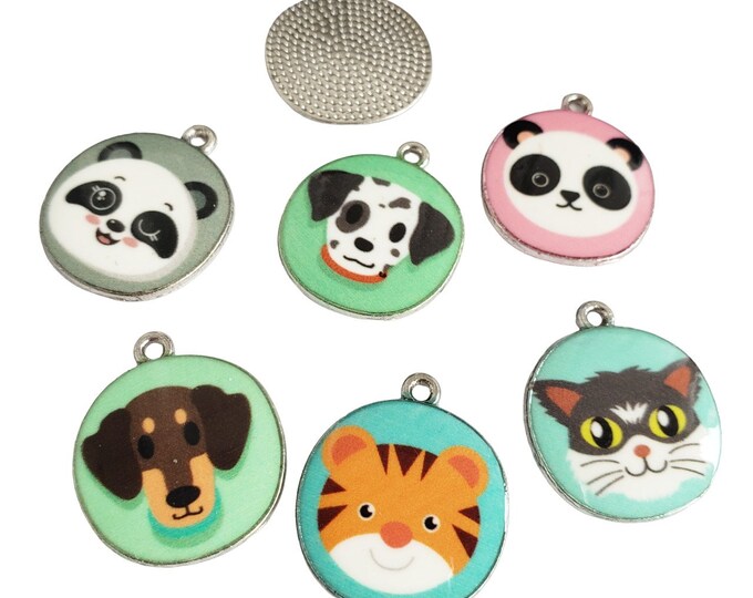 6pc 23x20mm Metal With Enamel Flat Round with Dog/Cat/Panda Mix Pattern Pendants