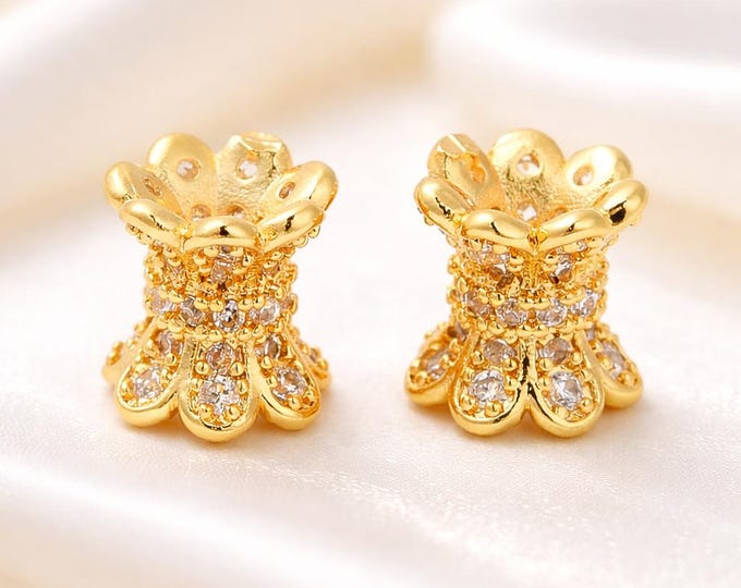 2pc Brass Micro Pave Clear Cubic Zirconia Double Sided Bead Caps 7.5x7mm