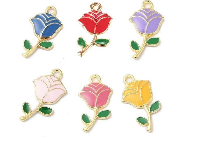 6pcs 23x13mm  Rose Flower metal with enamel mix color -R1079