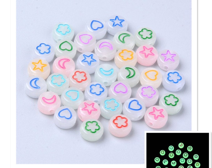 30pc mix color Luminous Acrylic Beads, Glow in the Dark, Flat Round with Star, Flower , Heart , Moon 7x3.5mm-fz143