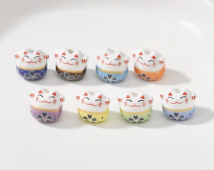 4pc Lucky Fortune Cat Beads for Jewelry Making, Porcelains, 14x13mm White Pink Yellow Blue Green Red, Good Fortune Kitty