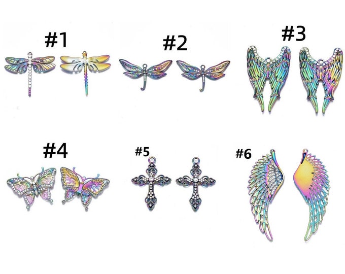 2PC Rainbow color metal alloy with rhinestone dragonfly / butterfly pendants- Pls pick a style