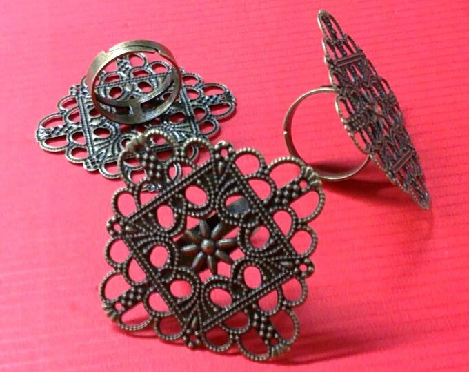 4pc antique bronze 43mm diamond shape filigree ring setting-5079