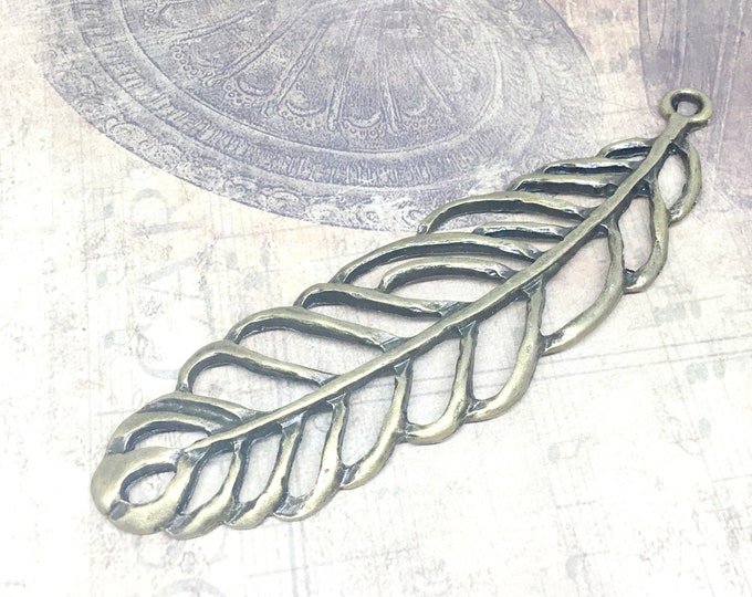 1pc 90x23mm antique bronze finish metal feather pendant-7165