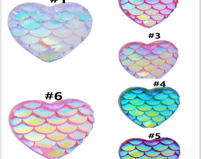 8pc 12mm Heart Shape Resin Mermaid Fish Scale Cabochons-pls pick a color