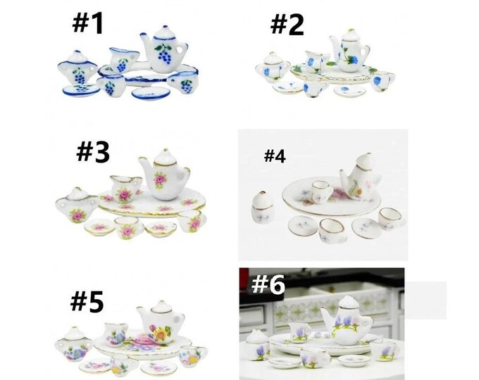 8pc Miniature Decorative Porcelain Doll House Tea Set -pls select a pattern