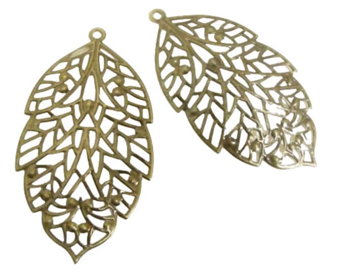 6pc antique bronze 65x37mm metal filigree leaf pendant-1374