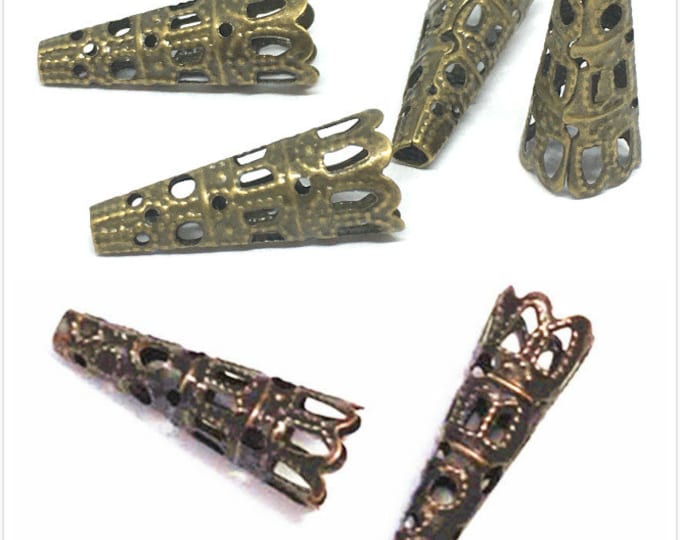 12pc 22x9mm antique finish filigree cone shape bead cap-pls select your own color