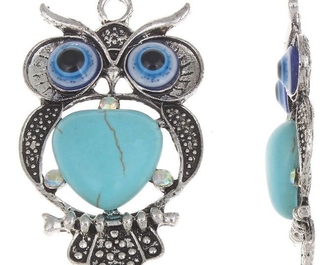1pc 51x30mm antique silver finish metal owl with stone pendant-bb129