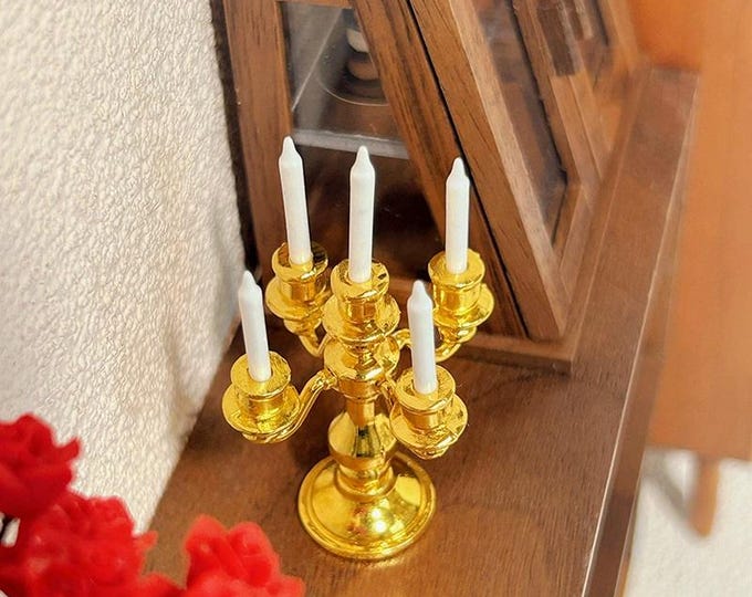 Dollhouse Alloy Candlestick Holder Mini Model, with Resin
