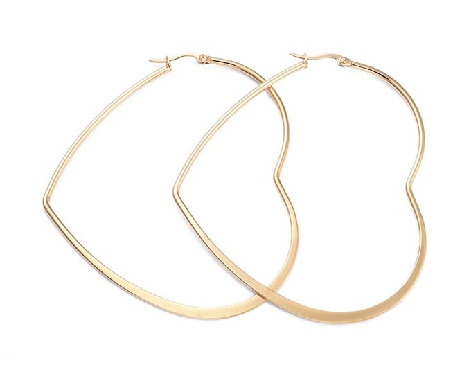 2 Pairs Heart Shaped Earring Hoops - Stainless Steel Golden Hoop Earrings - Hypoallergenic, Pick Your Size