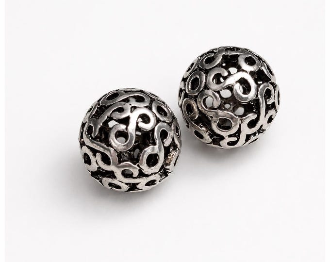 2pc 18mm antique silver finish filigree round beads-6198