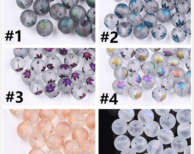 15pc 10mm  Electroplate Transparent Frosted Round Glass Beads with Maple Leaf design-Pls pick a color