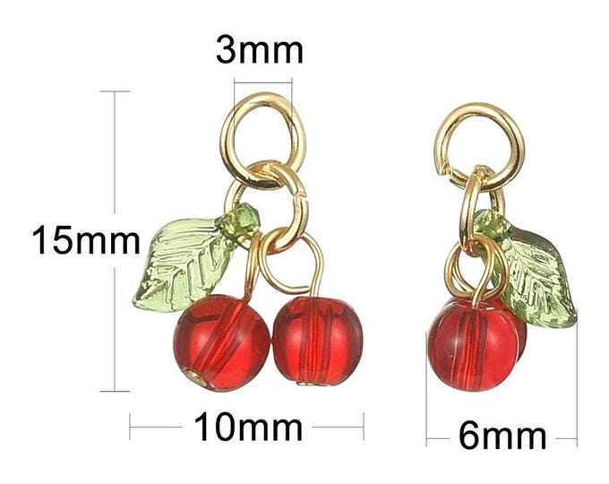 6pcs Cherry Charms Glass Beads with Leaf | Red Fruit Pendant Jewelry Making Supplies | Cute Kawaii Charms for Earrings, Necklace, Bracelet
