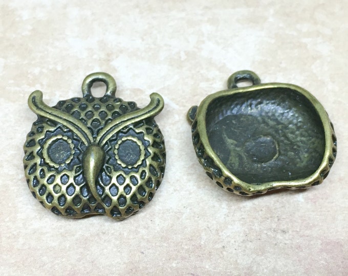 4pc antique bronze finish 21x19mm metal owl pendants-W110