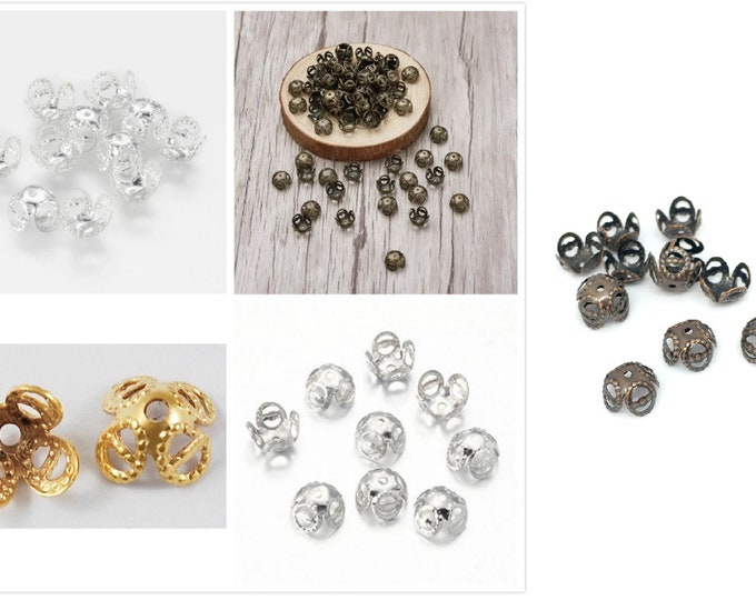 50pc 4 petal filigree iron made 8mm bead caps-pls pick a color