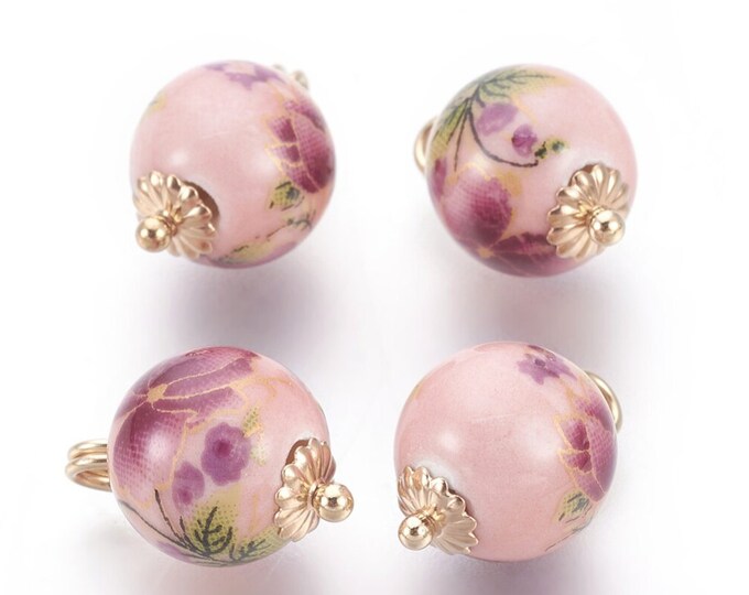 10pc Flower Pattern Round Glass  Pendants, with Brass Findings -LL1100
