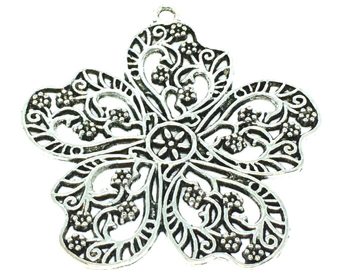 2pc 54mm antique silver finish metal flower pendants-S312